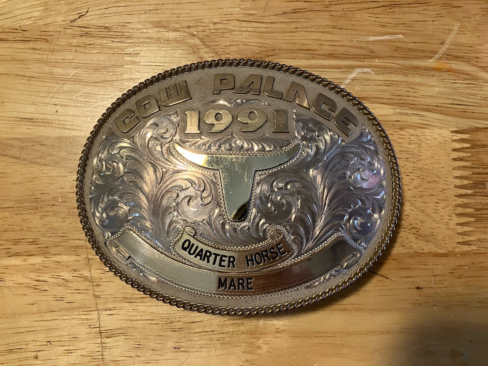 Vtg 1991 Cow Palace Quarter Horse Mare Belt Buckle Sterling 1/10 10K Gold Fill