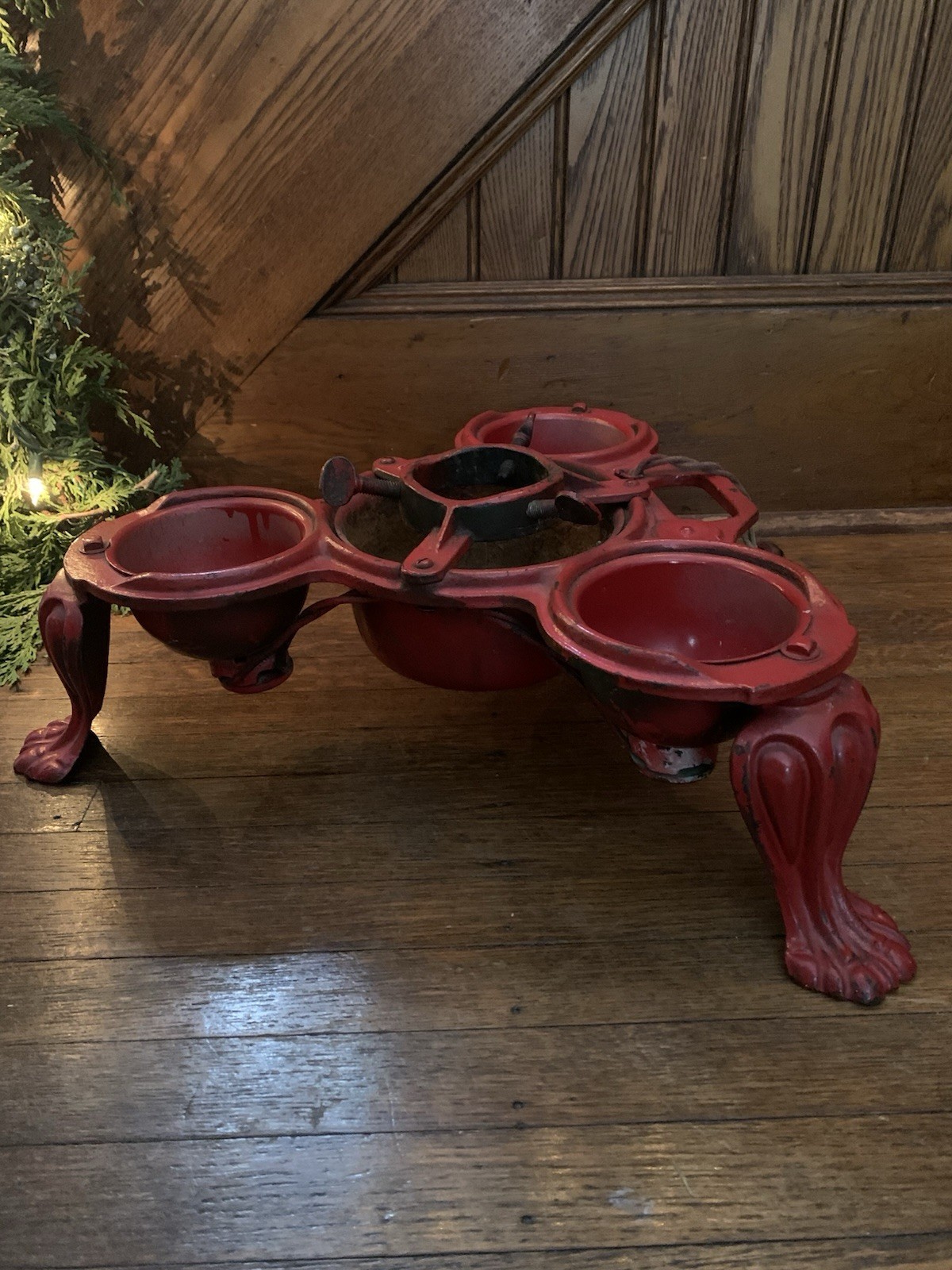 Antique Cast Iron Paw Foot Lighted Christmas Tree Stand Genesee Electric RED