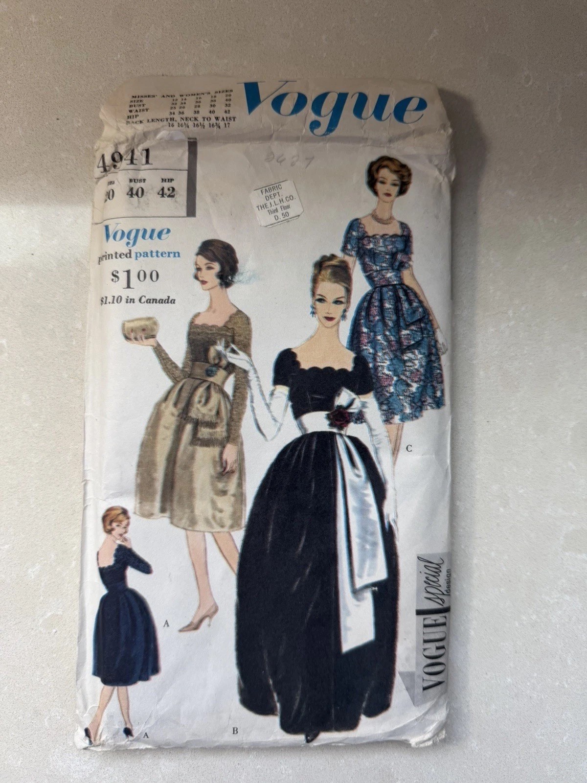 1960 Vogue Special Design 4941 VTG Evening Gown Dress Pattern S20 Bust 40