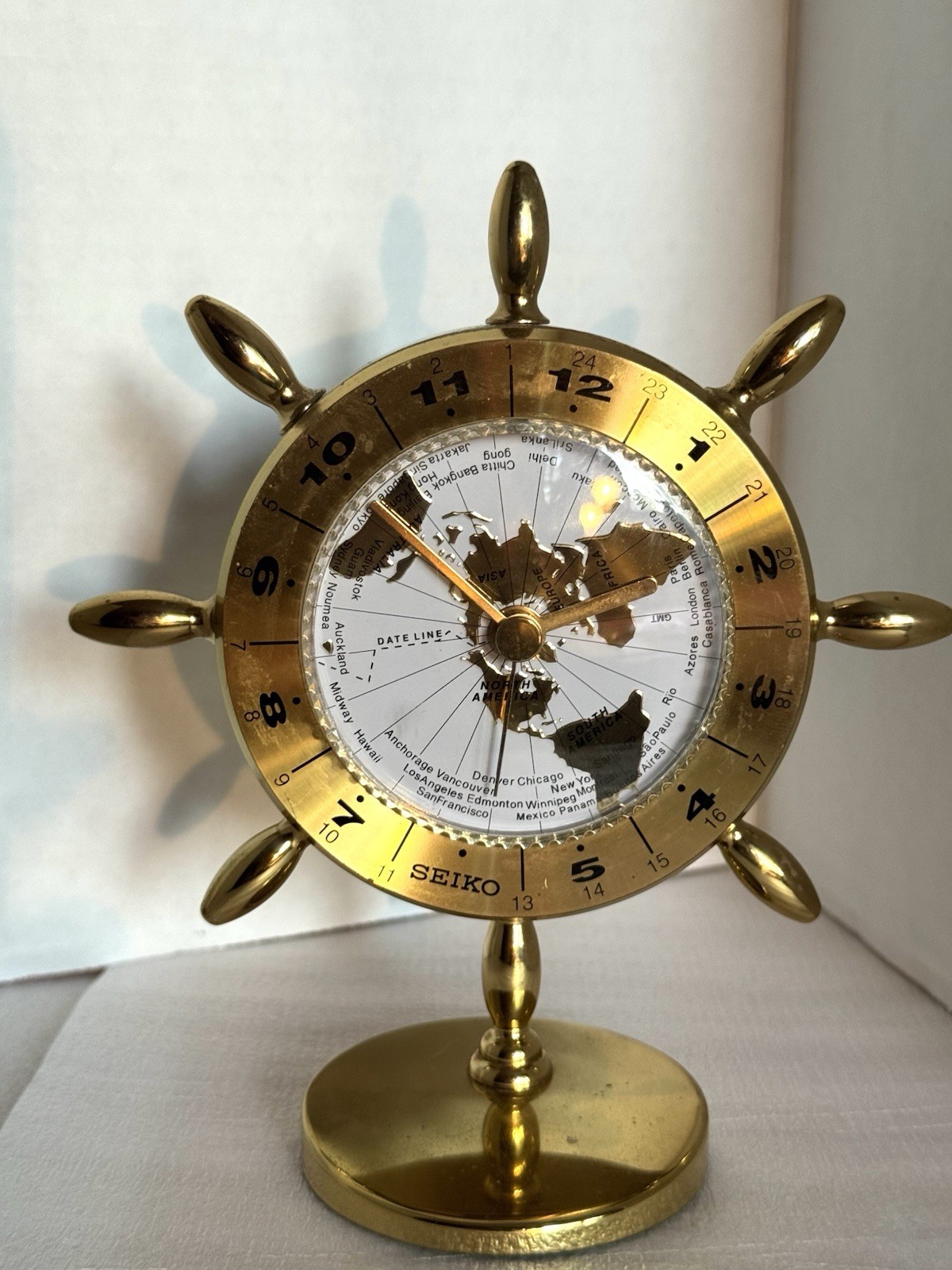 Vintage Seiko World Time Desk Clock Quartz Gold Tone Working Nautical