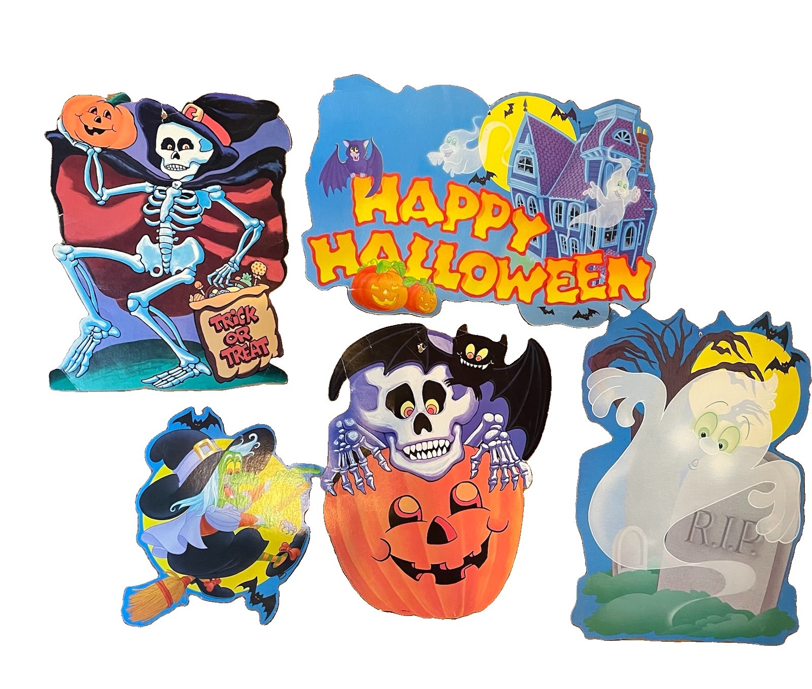 Vintage Halloween Die Cut  Lot Of 6 Double Sided Ghost Bat Skeleton Witch