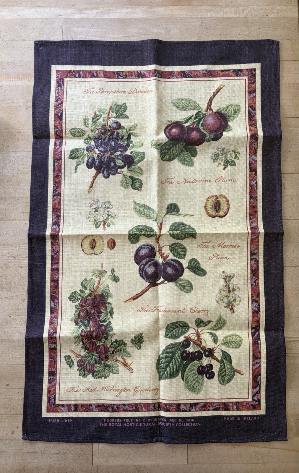 NEW Ulster  Purple Fruit Tea Towel Royal Horticultural Society #3310 Irish Linen