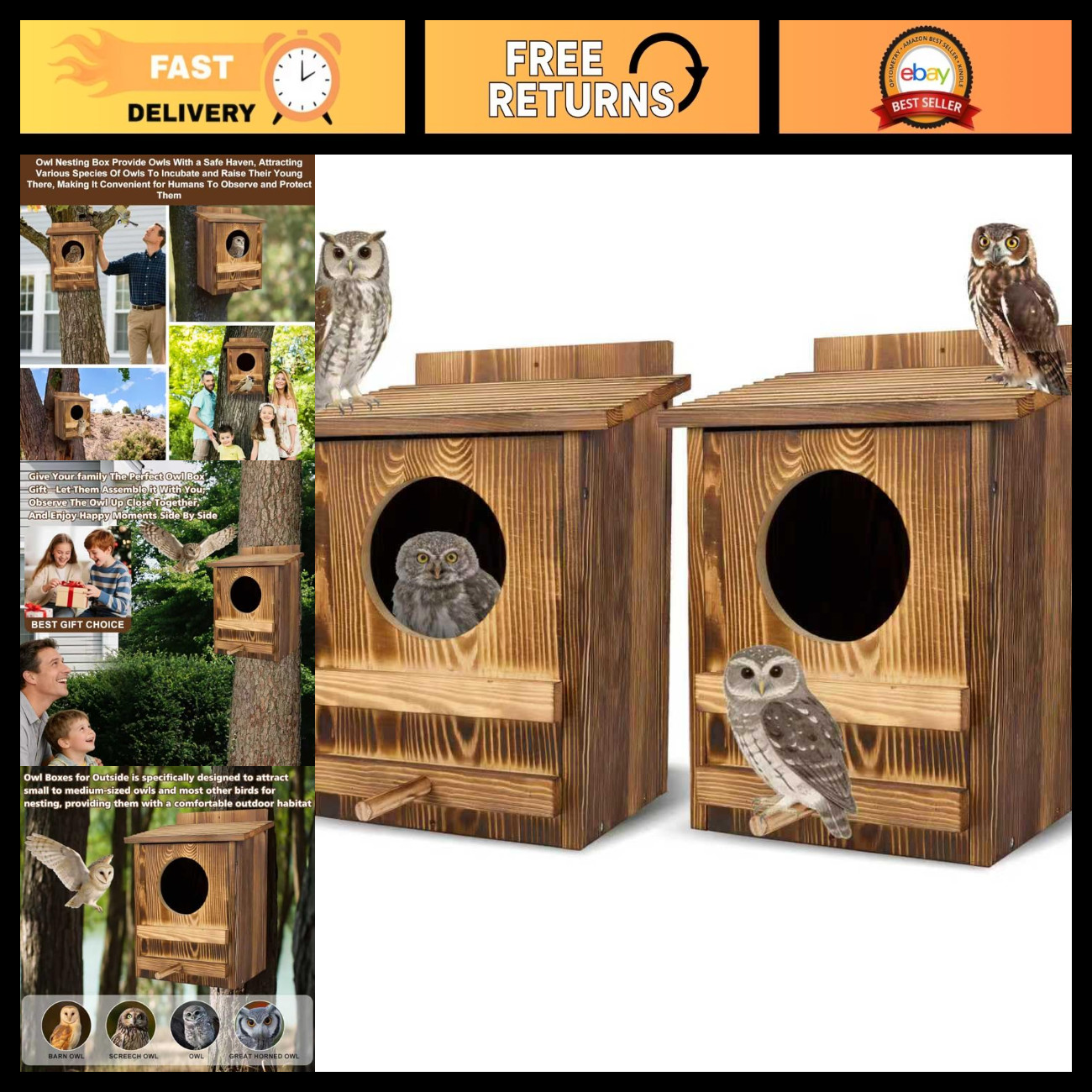 Large Owl Houses 2PCS - Waterproof Ventilated Nesting Boxes for Outdoors, 16.1\