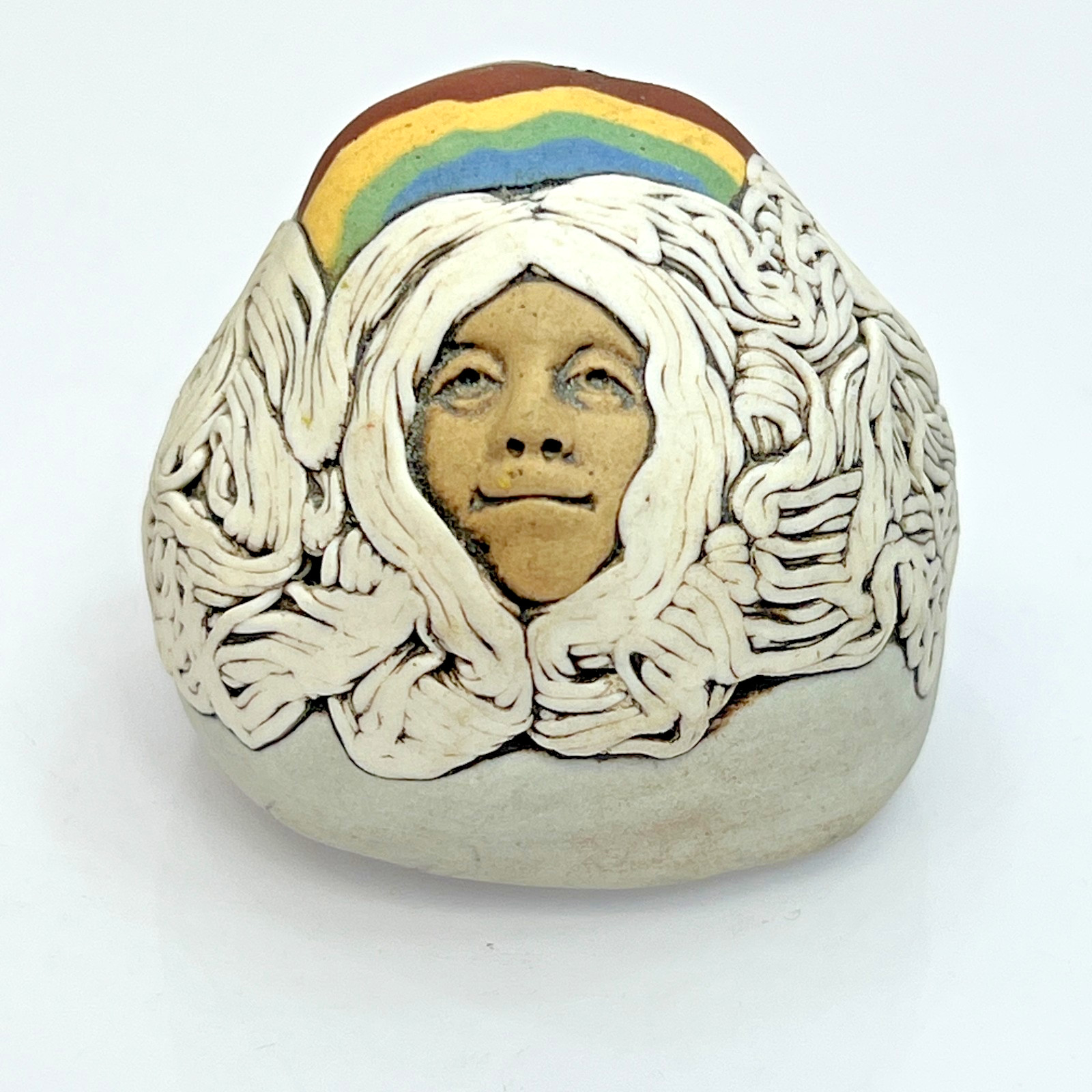 Vtg Jude Holdsworth Incense Stick Holder 1994 Face Rainbow Hair Inlaid Clay