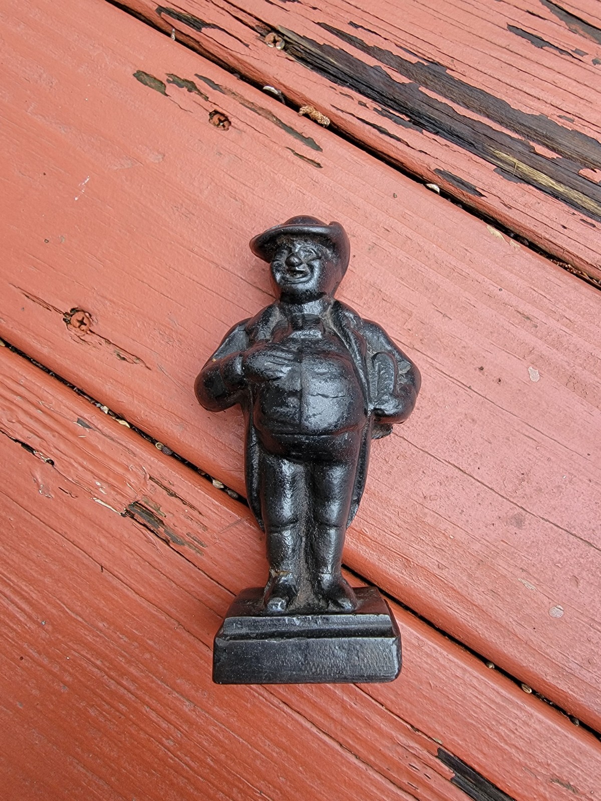 Vintage Cast Iron Statue Door Stop Man Pot Belly Hat 5 1/2” Antique Primitive 
