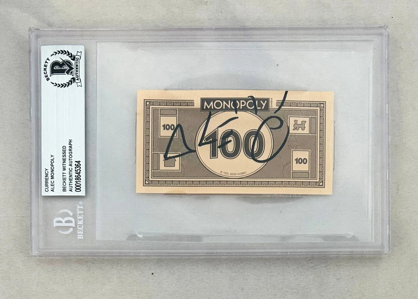 Alec Monopoly Signed Monopoly Money $100 Currency Beckett BAS COA