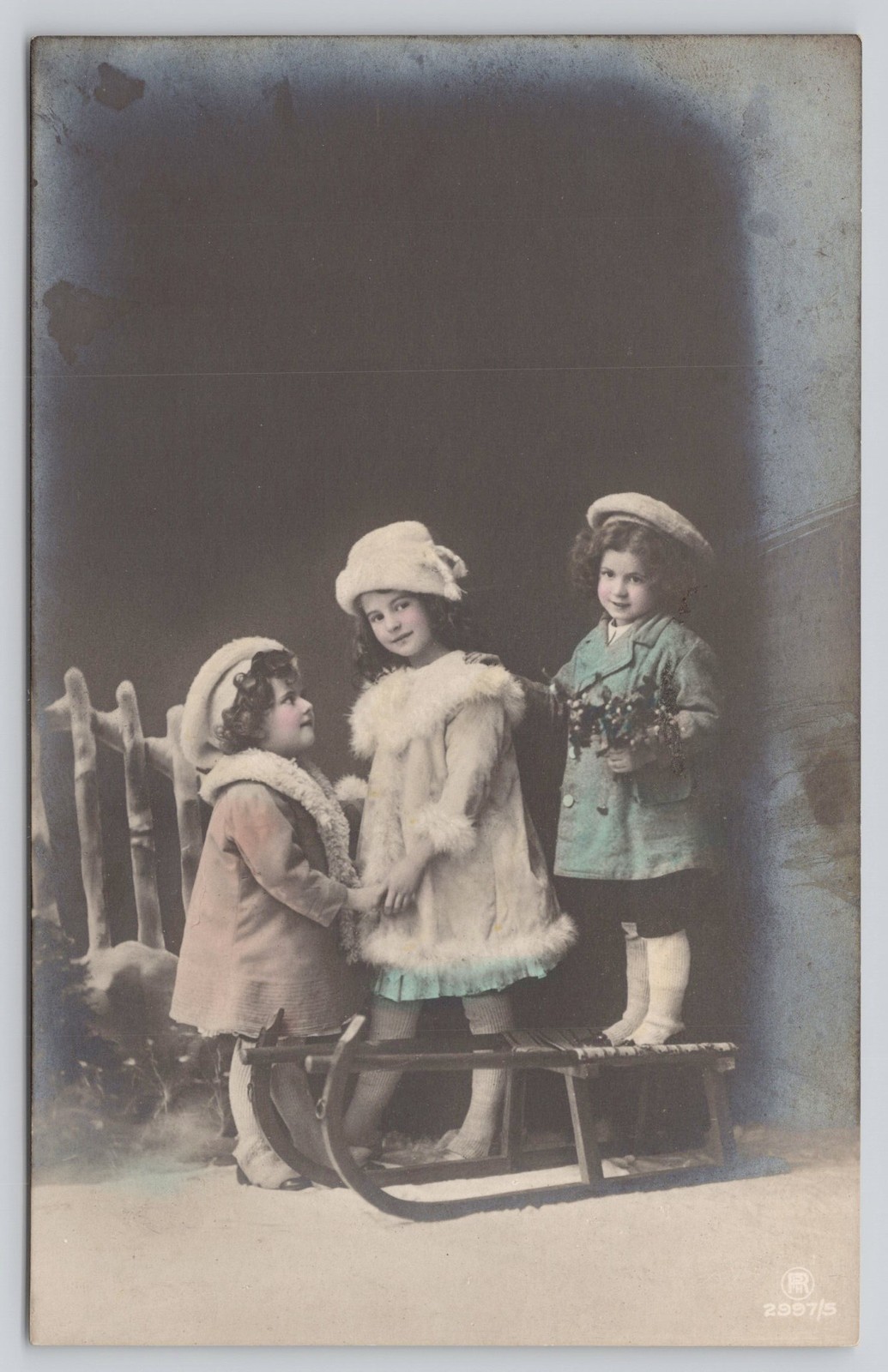 RPPC Three Adorable Children Sled - Winter Scene Hand-Tinted Postcard c1910