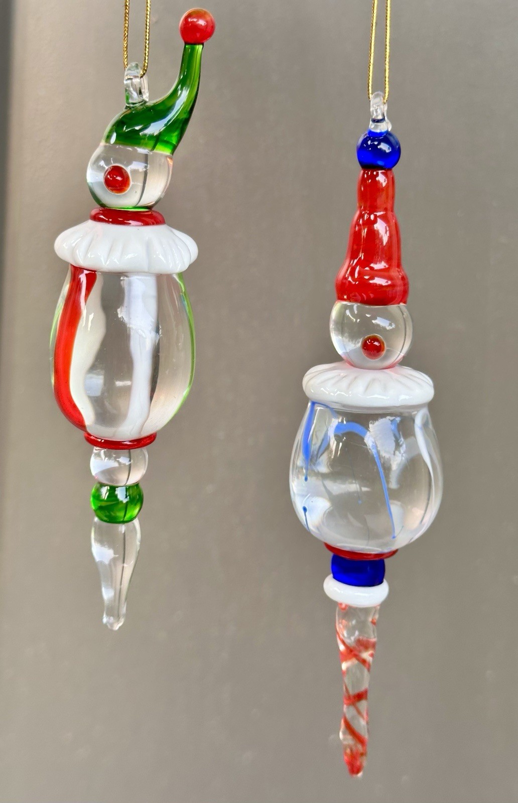 RARE Pair Vintage Hand Blown Glass Clown Jester Christmas Ornaments
