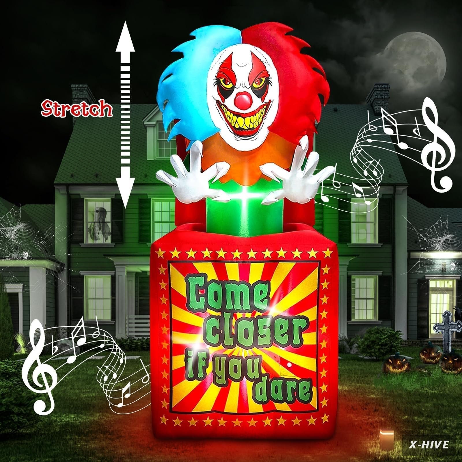 6.6 FT Halloween Inflatables Animated Clown with Music, Circus Clown Box Outdoo