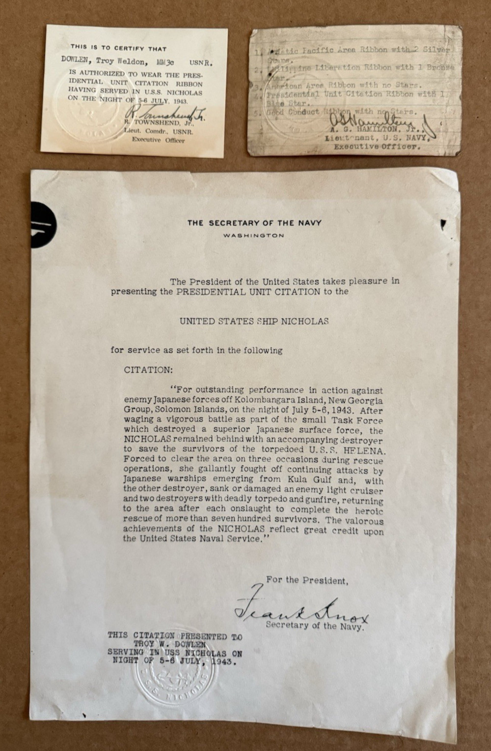 Navy Presidential Citation Certificate Card 1943 USS Nicholas USS Helena