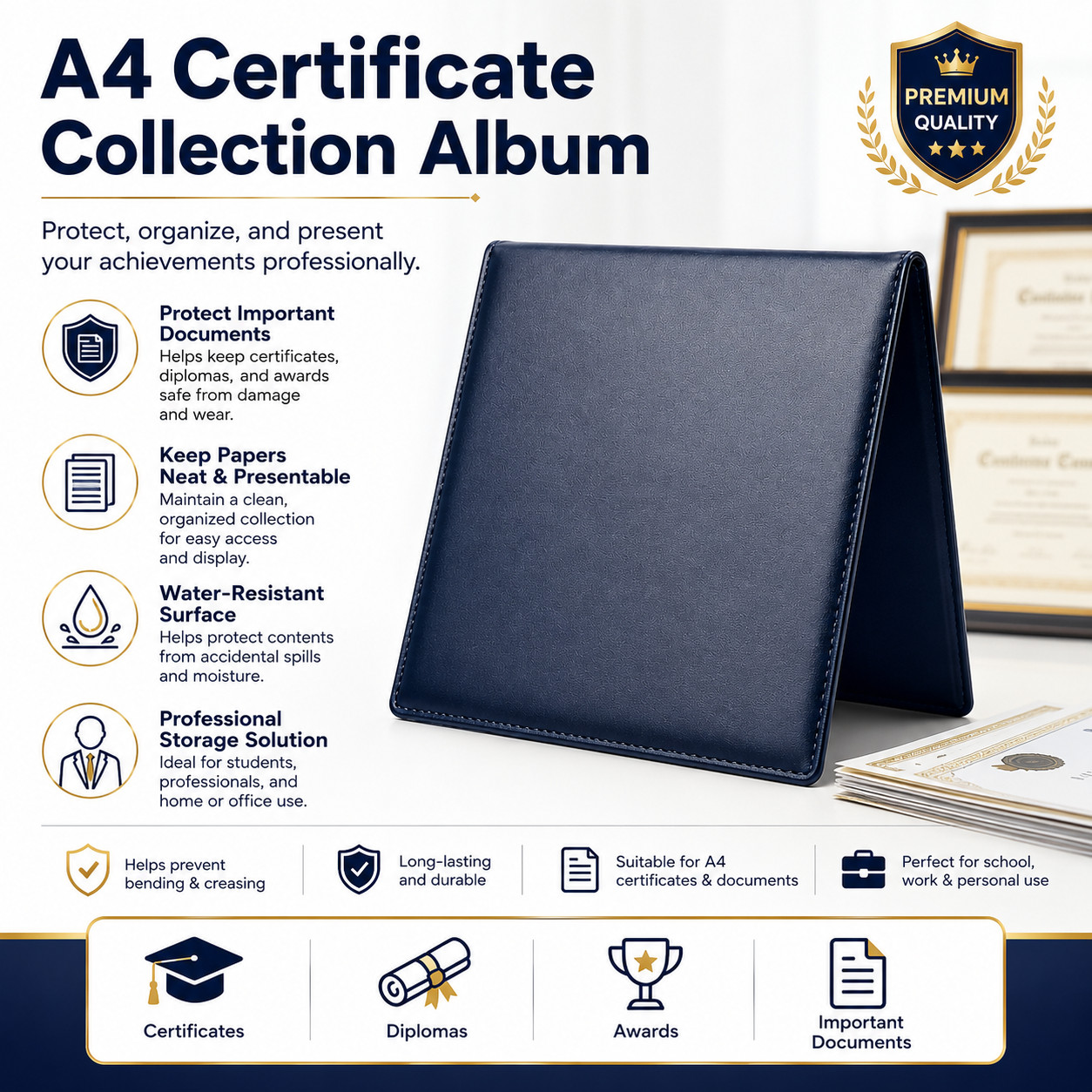 Professional A4 Award and Certificate Album, Premium PU Leather Document Holder
