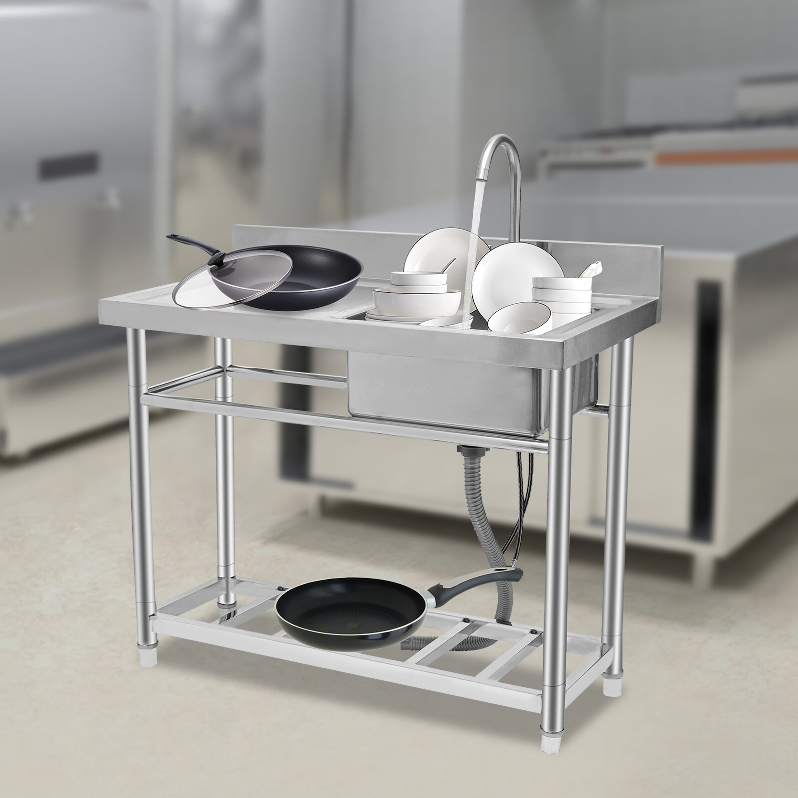 Restaurant Kitchen Stainless Steel Sink Free Standing Silver 150kg Bear Capacity