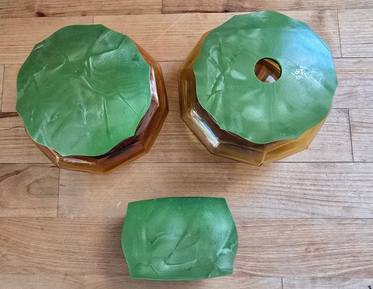 Vtg Art Deco Amber Glass & Jade Green Marbled Pearloid 3pc Vanity Dresser Set