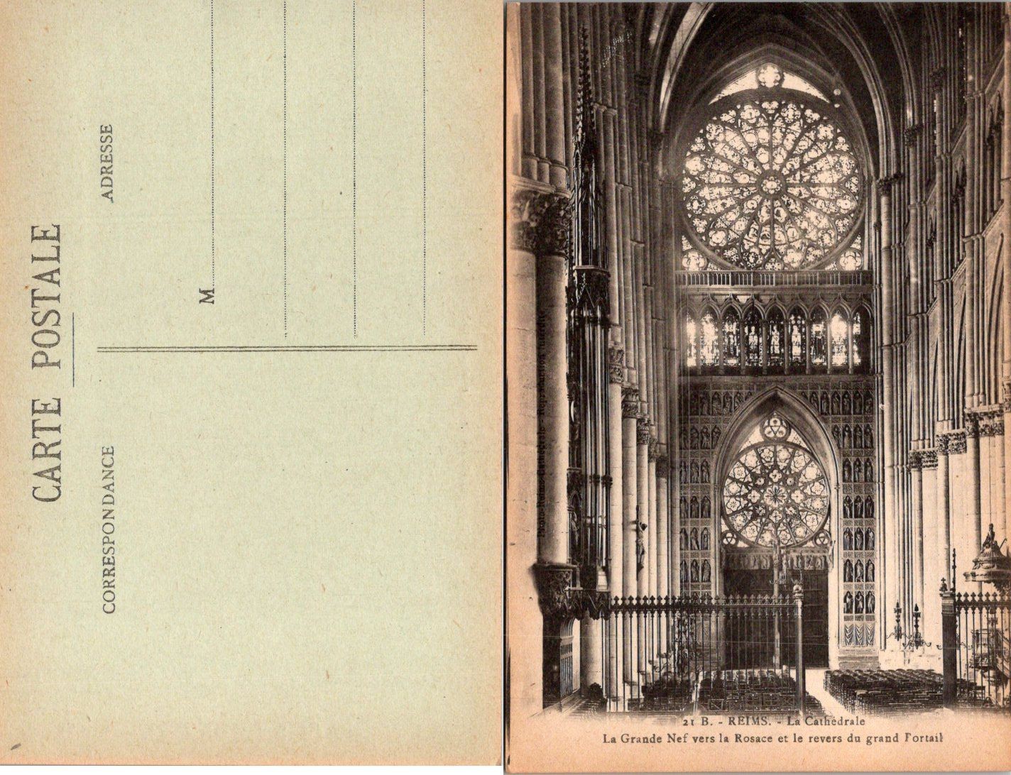 Reims Cathedral Postcard France Vintage La Grande Nef Rosace Sepia Unposted