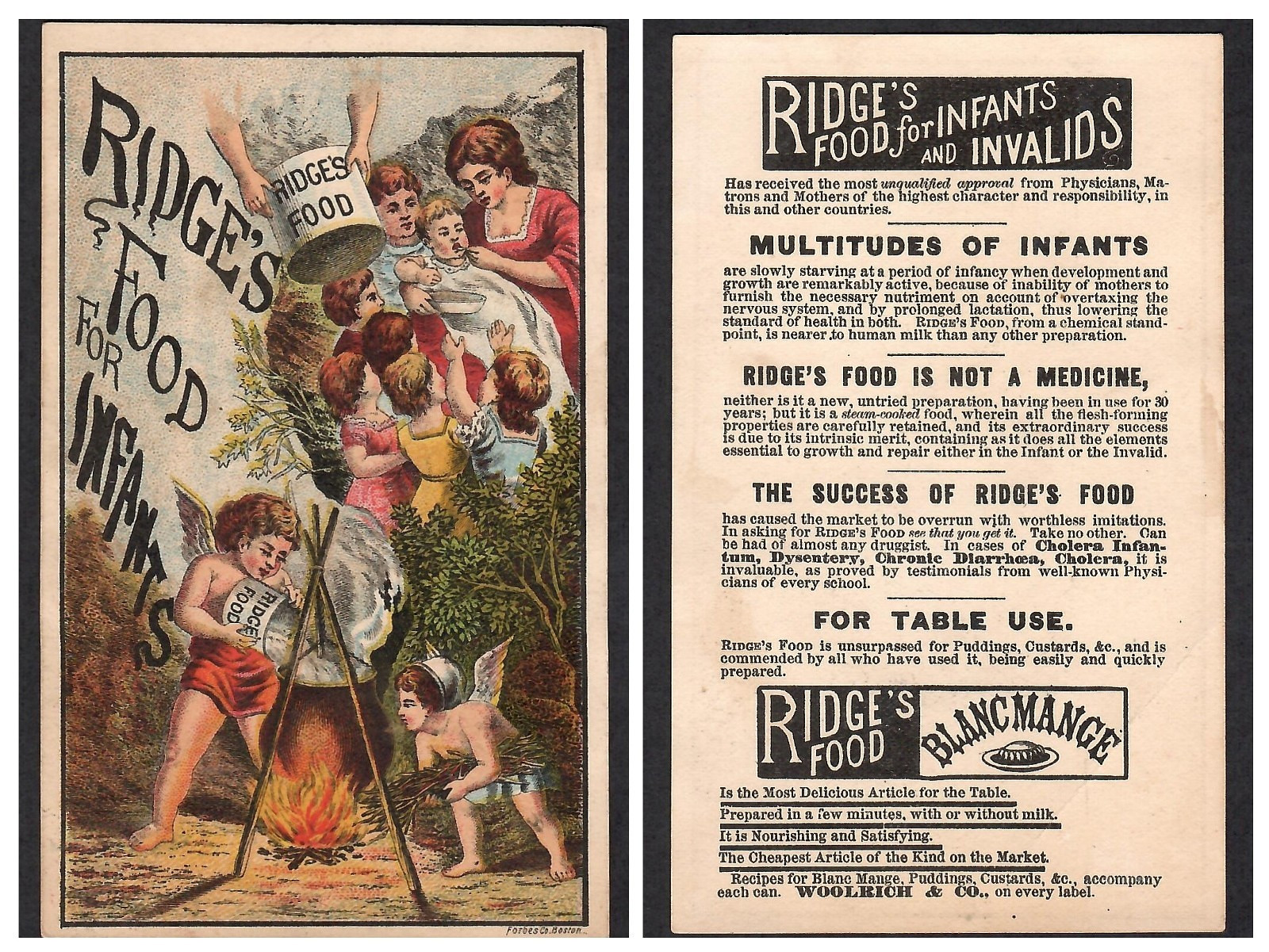 VICTORIAN TRADE CARD~RIDGE'S FOOD FOR INFANTS INVALIDS~WOOLRICH & CO, PALMER, MA