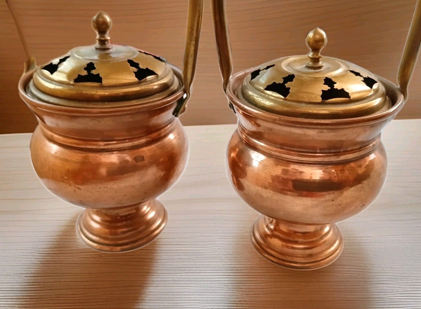 Vintage Pair Vintage Copper Potpourri Simmer Pots with Brass Lids & Swing Handle