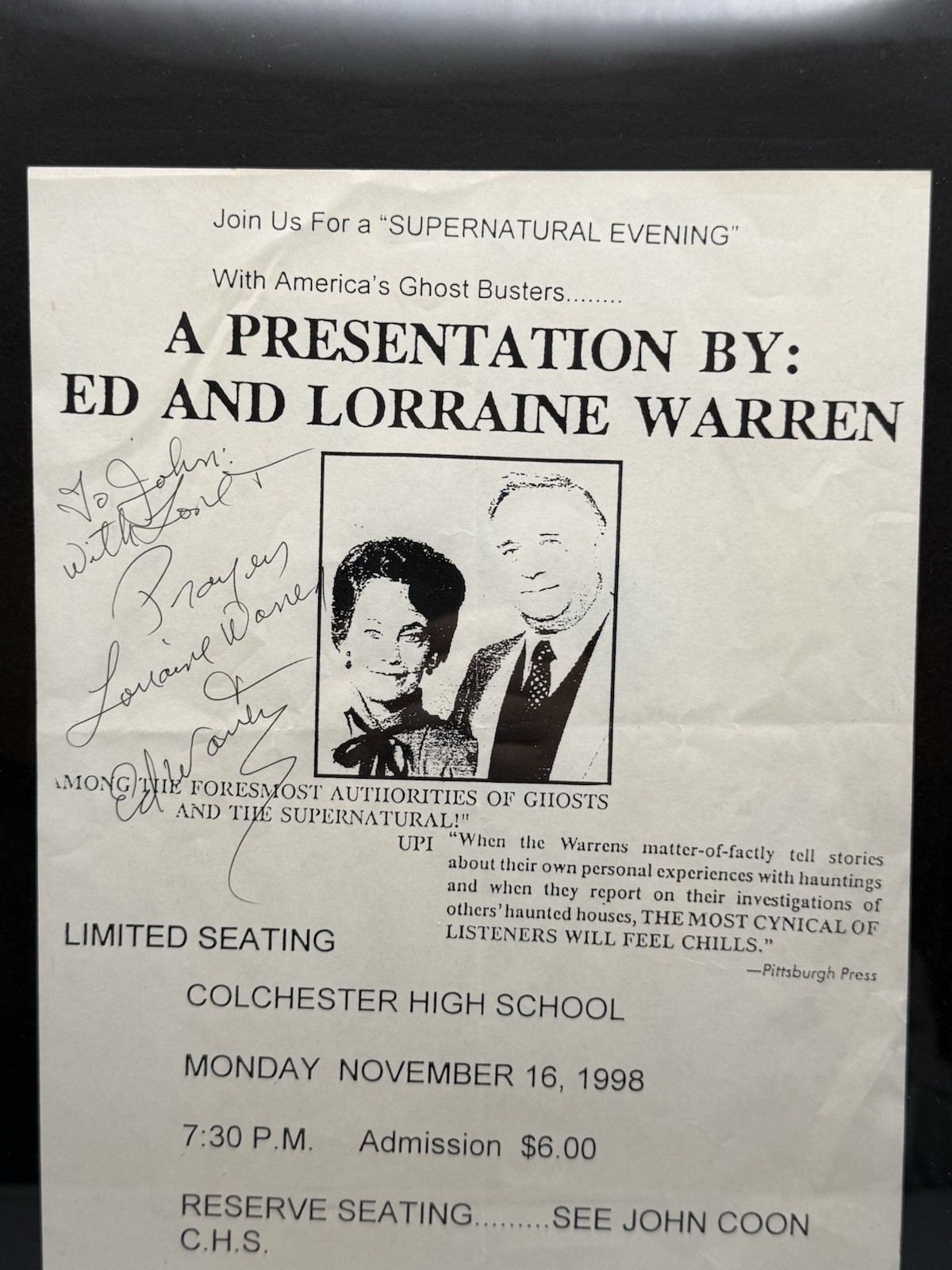 Ed & Lorraine Warren Signed Presentation Event Flyer 11/16/1998 Framed