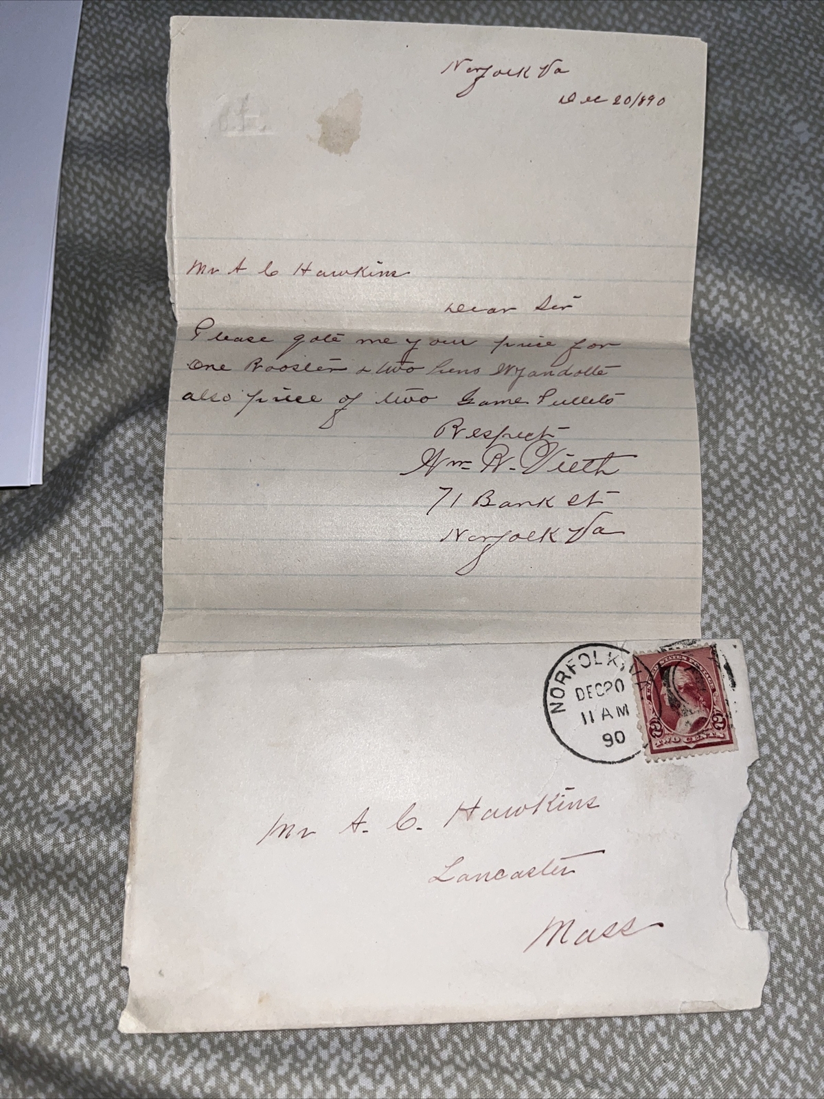 Antique 1890 Norfolk Virginia VA Letter on Wyandotte Hens Chickens Poultry