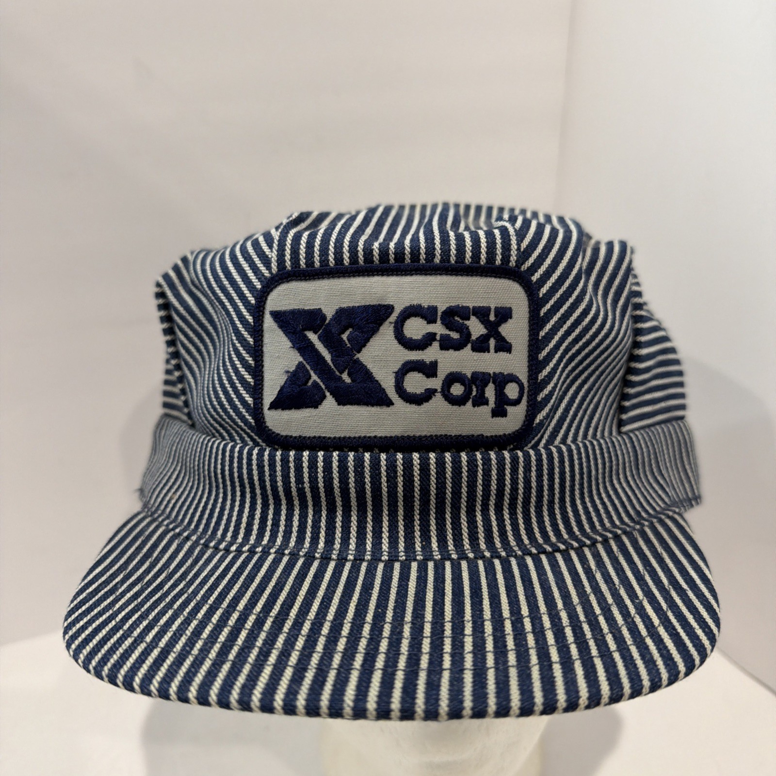 Vintage CSX Railroad Train Conductor Blue Stripe Cotton Snapback Hat Cap