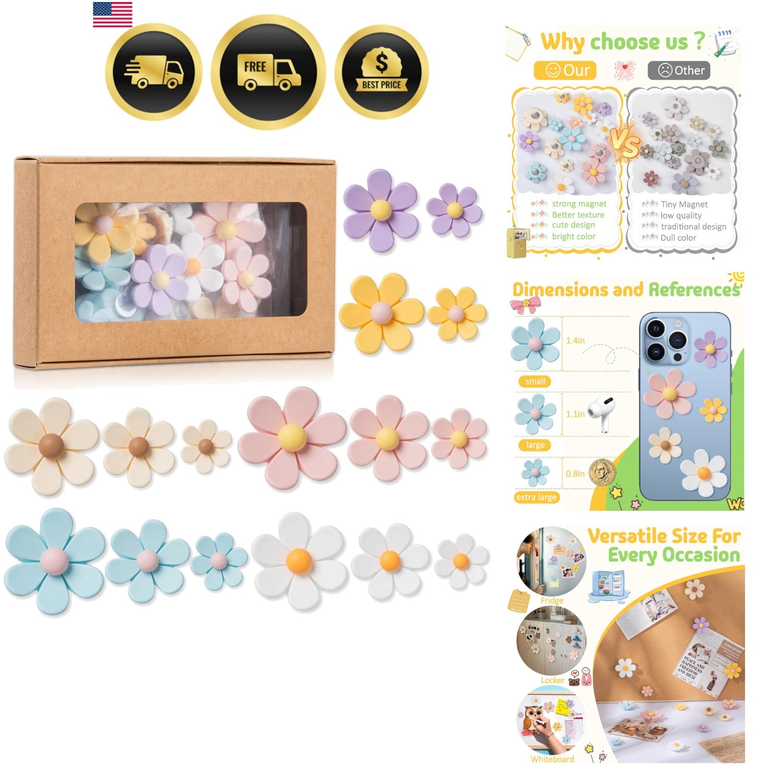Homestheix Flower Magnets for Fridge, Locker Accessories, 16 Pcs Cute Fridge ...