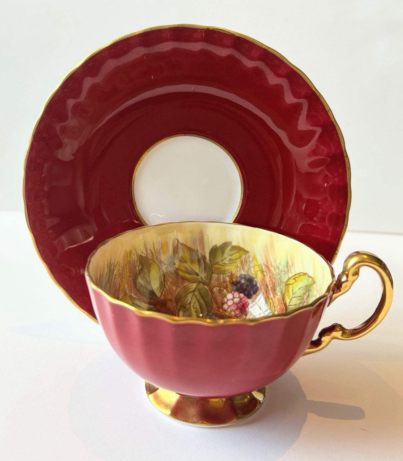 Vintage Aynsley Orchard Fruit Tea Cup & Saucer Red Gold numbered, signed D Jones