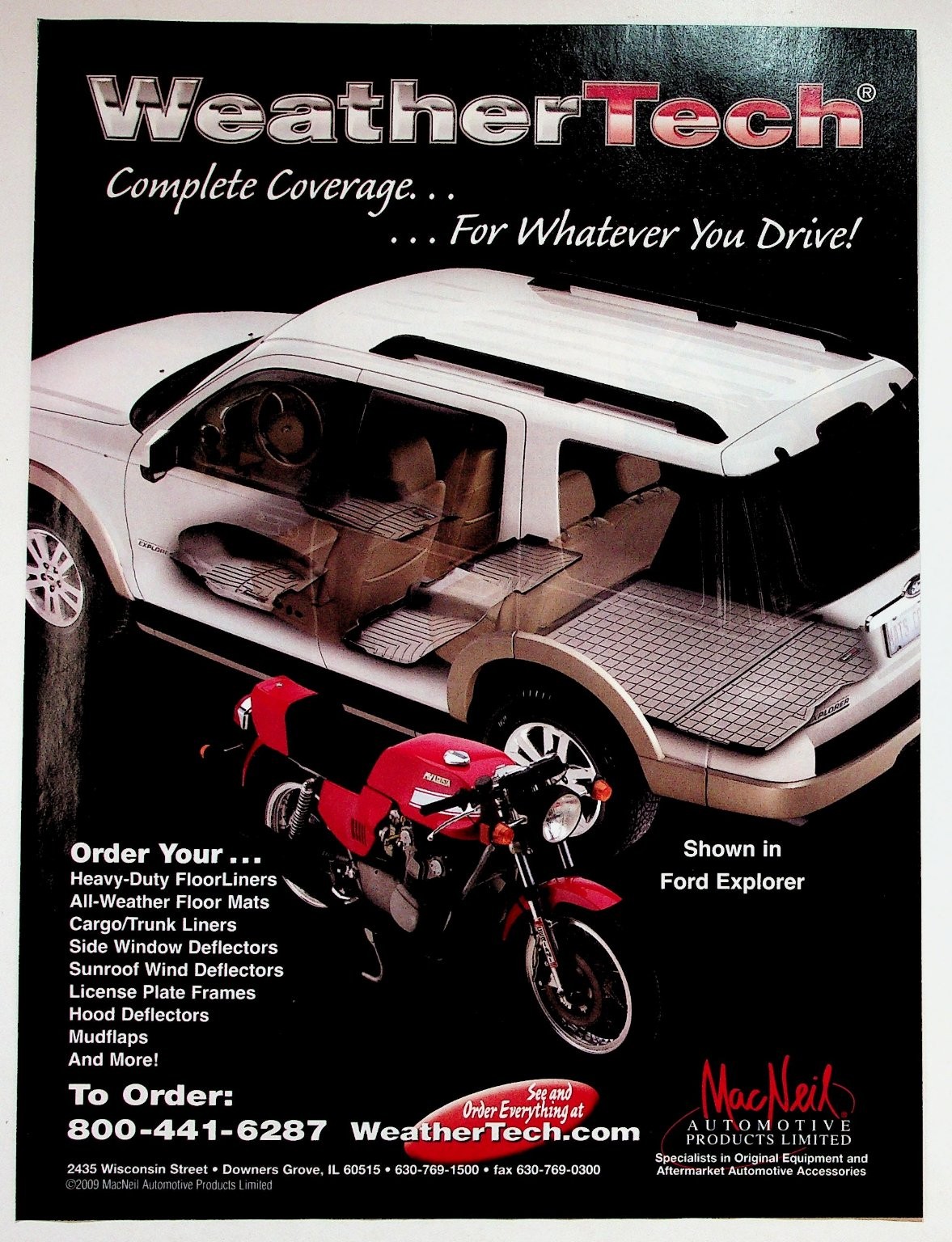 WeatherTech 2009 Original Magazine Ad Ford Explorer Motorcycle Auto Accessories