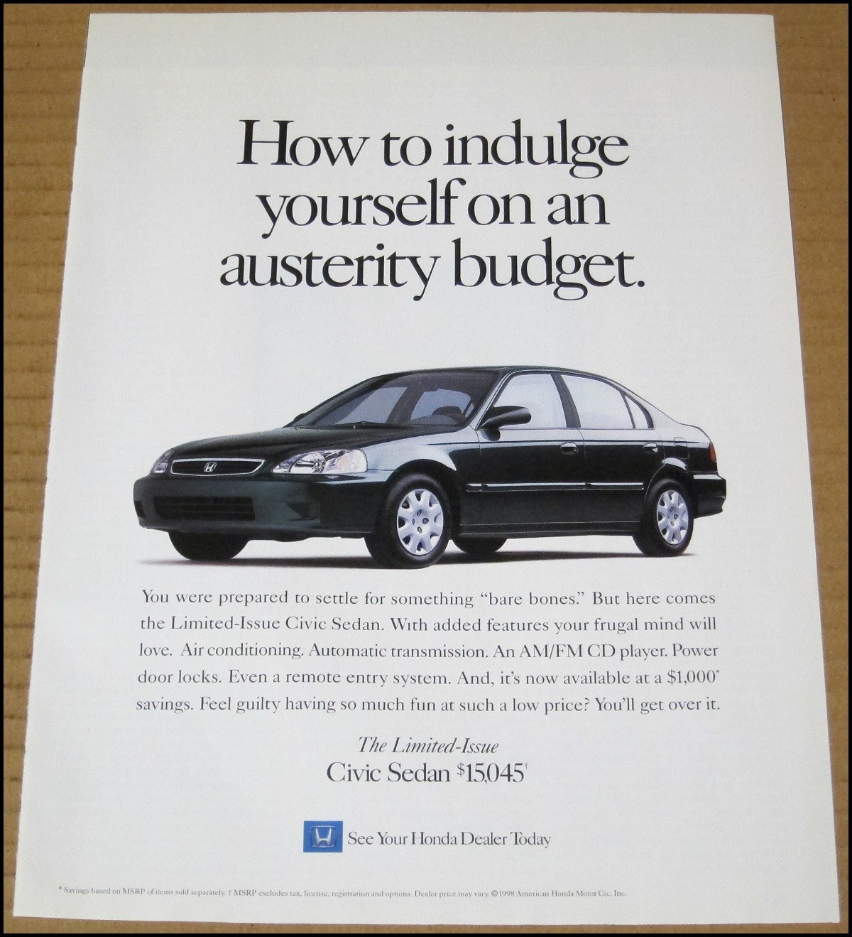 1999 Honda Civic Sedan Print Ad 1998 Car Automobile Advertisement VTG Limited