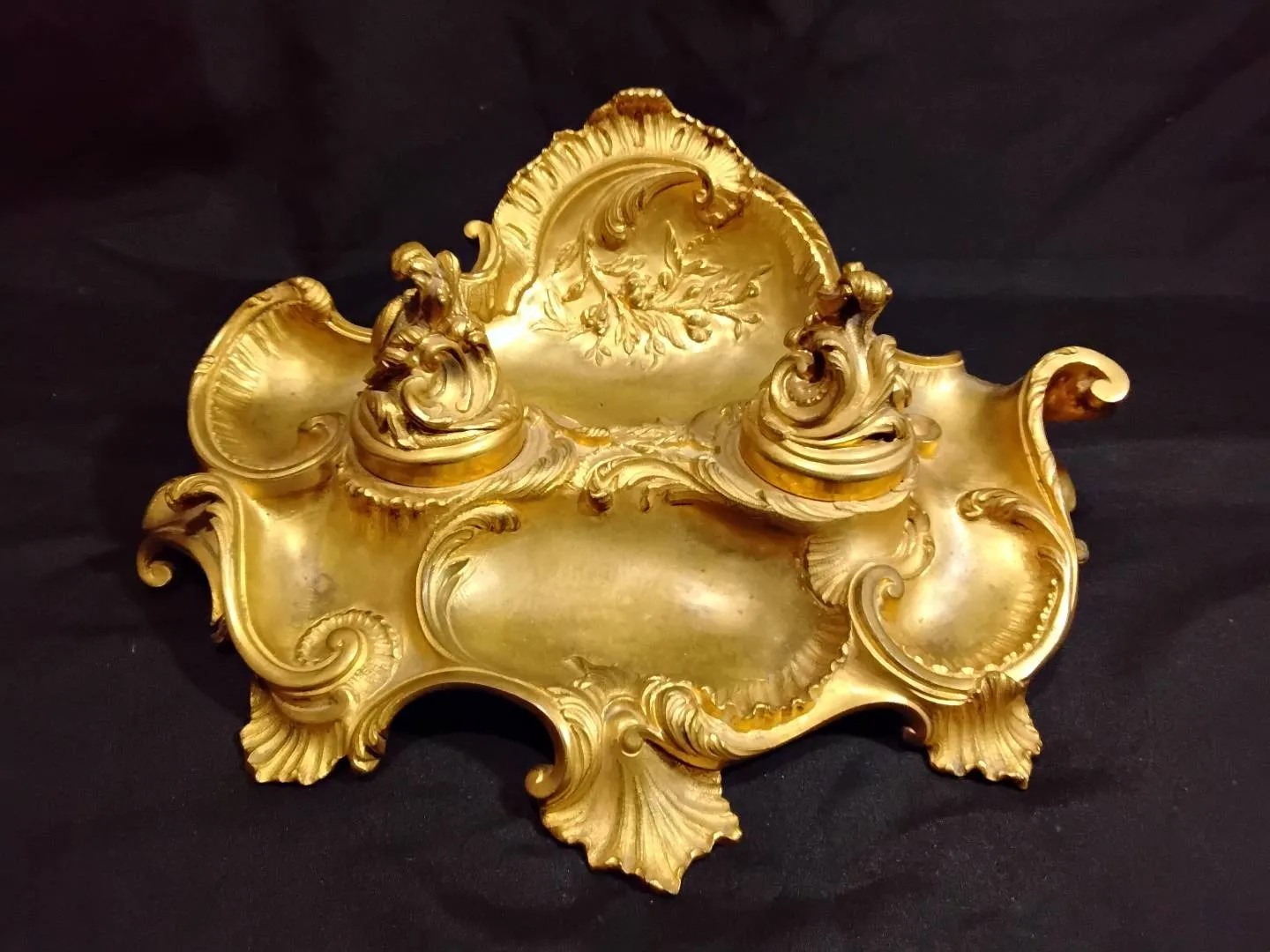 Antique 19th C French Louis XV Rococo Ornate Gilt Bronze Ormolu Inkwell Inkstand
