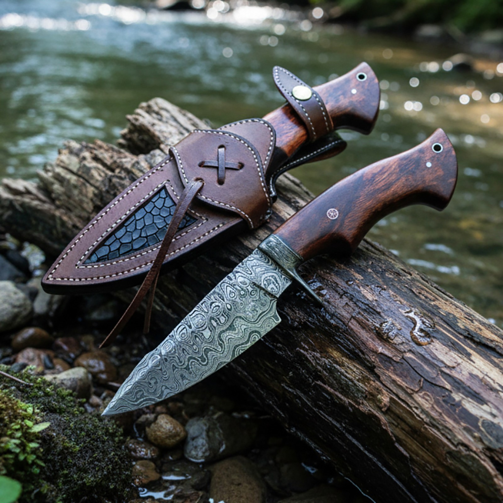 Handmade Damascus Steel Bowie Hunting Knife – Rosewood Handle w/ Leather Sheath
