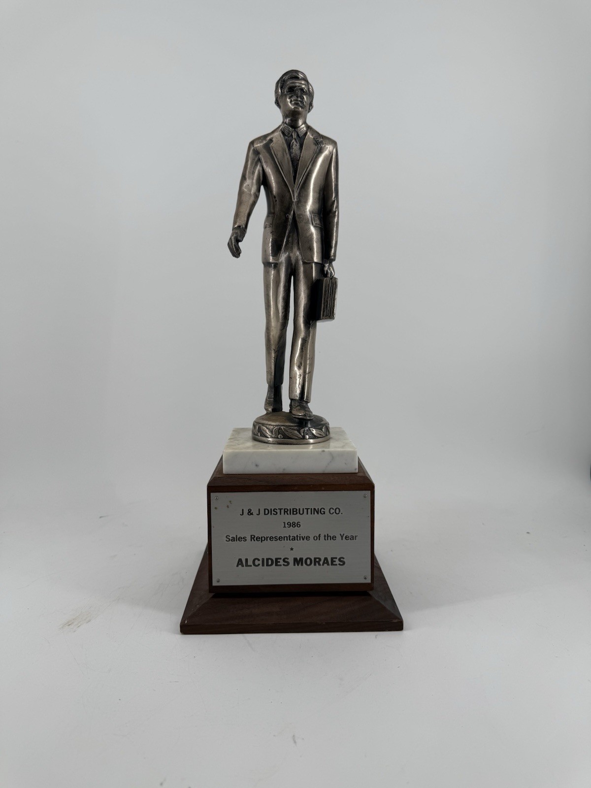 Vintage 1986 Salesman Trophy Metal Topper w/ Marble and Wood Base 16”
