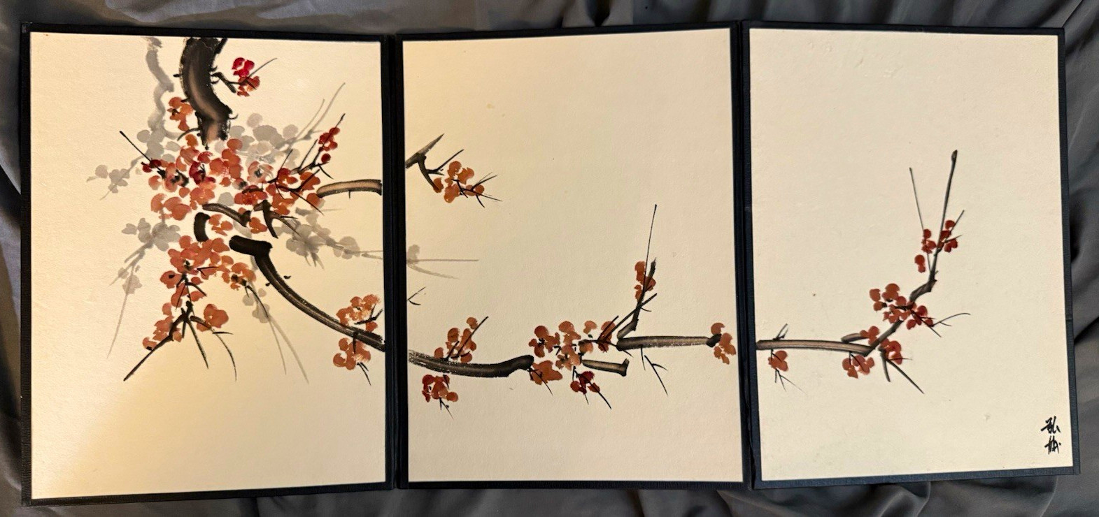 VTG Japanese Triptych Floral Art Panels Plum Blossom Branches w/ Signature