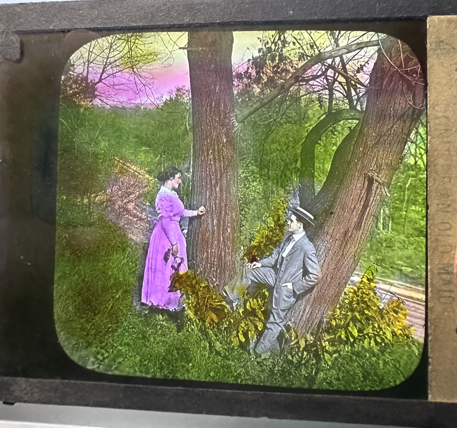 Antique Hand Colored Glass Lantern Slide Romantic Couple Park Scene 4 x 3.5\