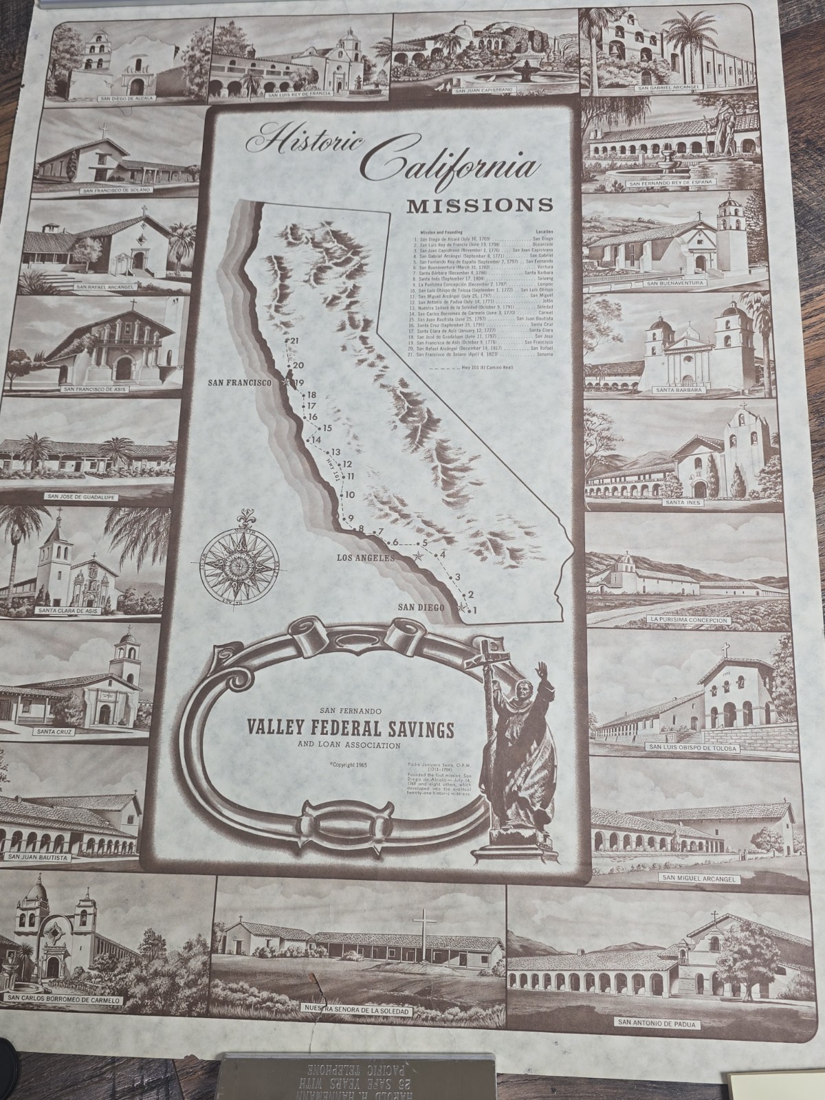 Original 1965 Historic California Missions Map Valley Federal Savings 19x25