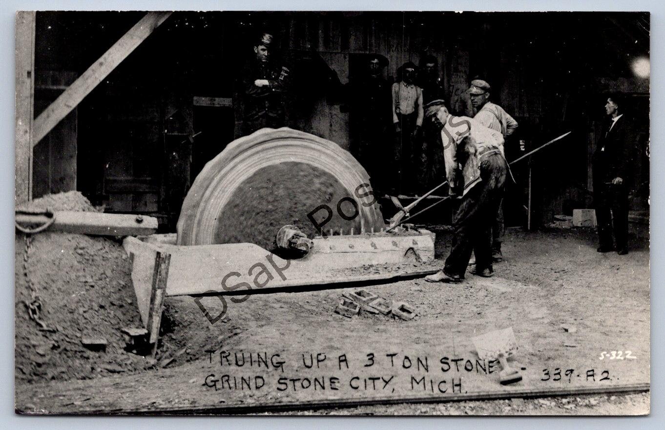 Michigan Rppc Postcard c1930-50s Truing Up 3 Ton Stone Grind Stone City