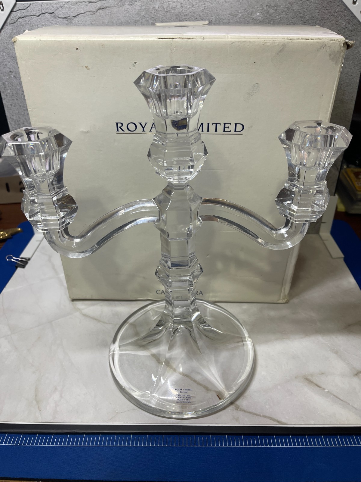 Vintage Royal Limited 24% Lead Crystal 3-light Candelabra w/box Czech Republic