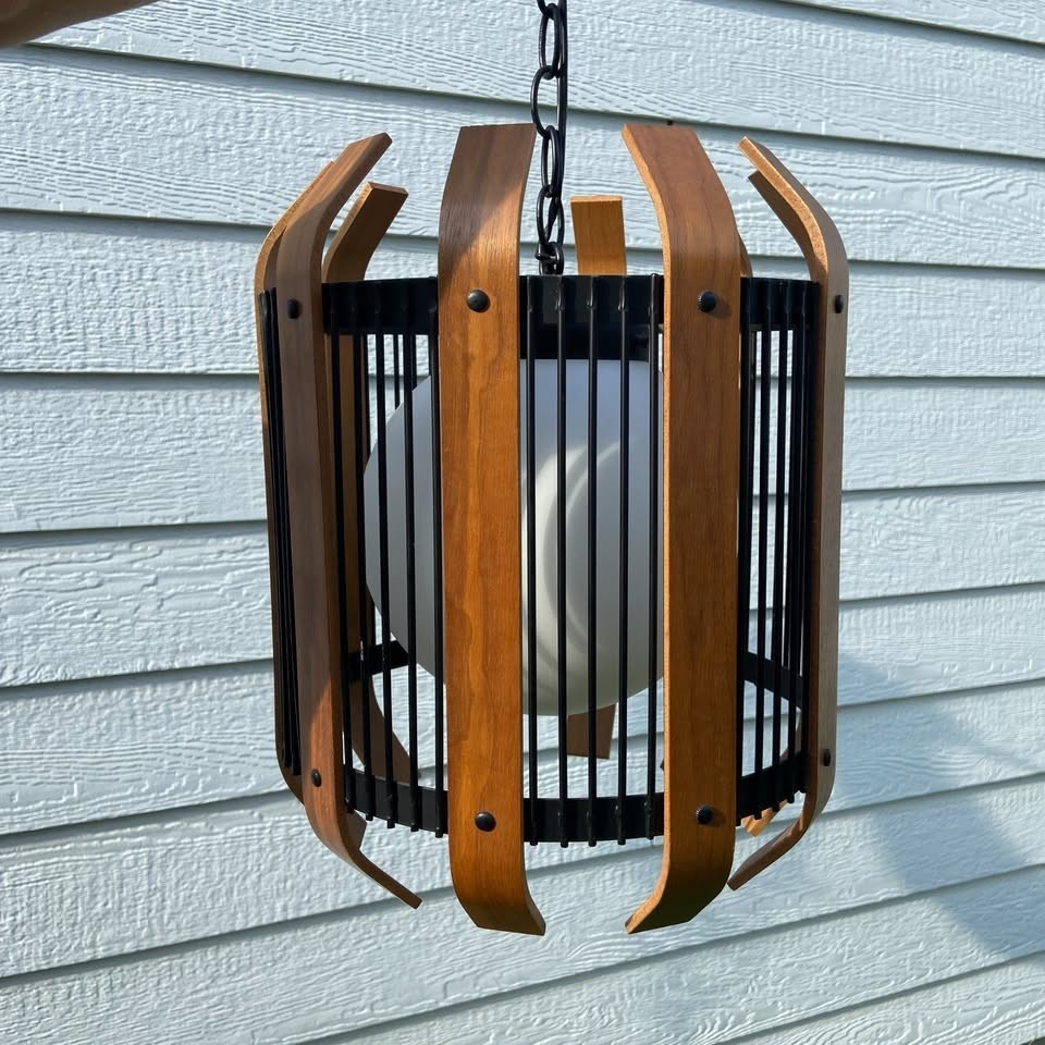 Mid Century Teak Hanging Cage Pendant Lamp in STUNNING condition