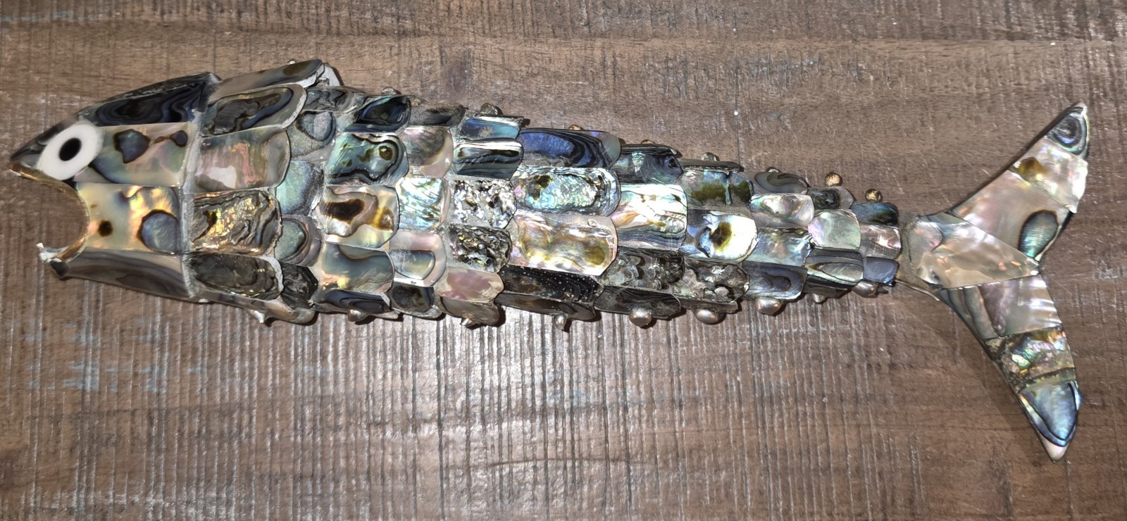 Vintage Articulated Abalone Fish Bottle Opener 8.5in Shellfish Pearl Silver