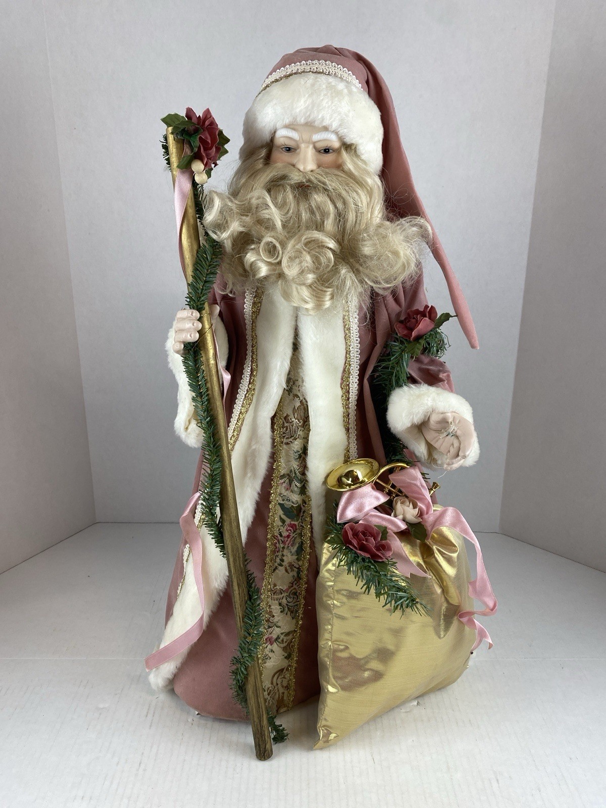 Vintage Kirkland’s 24” Victorian Santa Claus Figurine Pink Mauve Velvet Coat