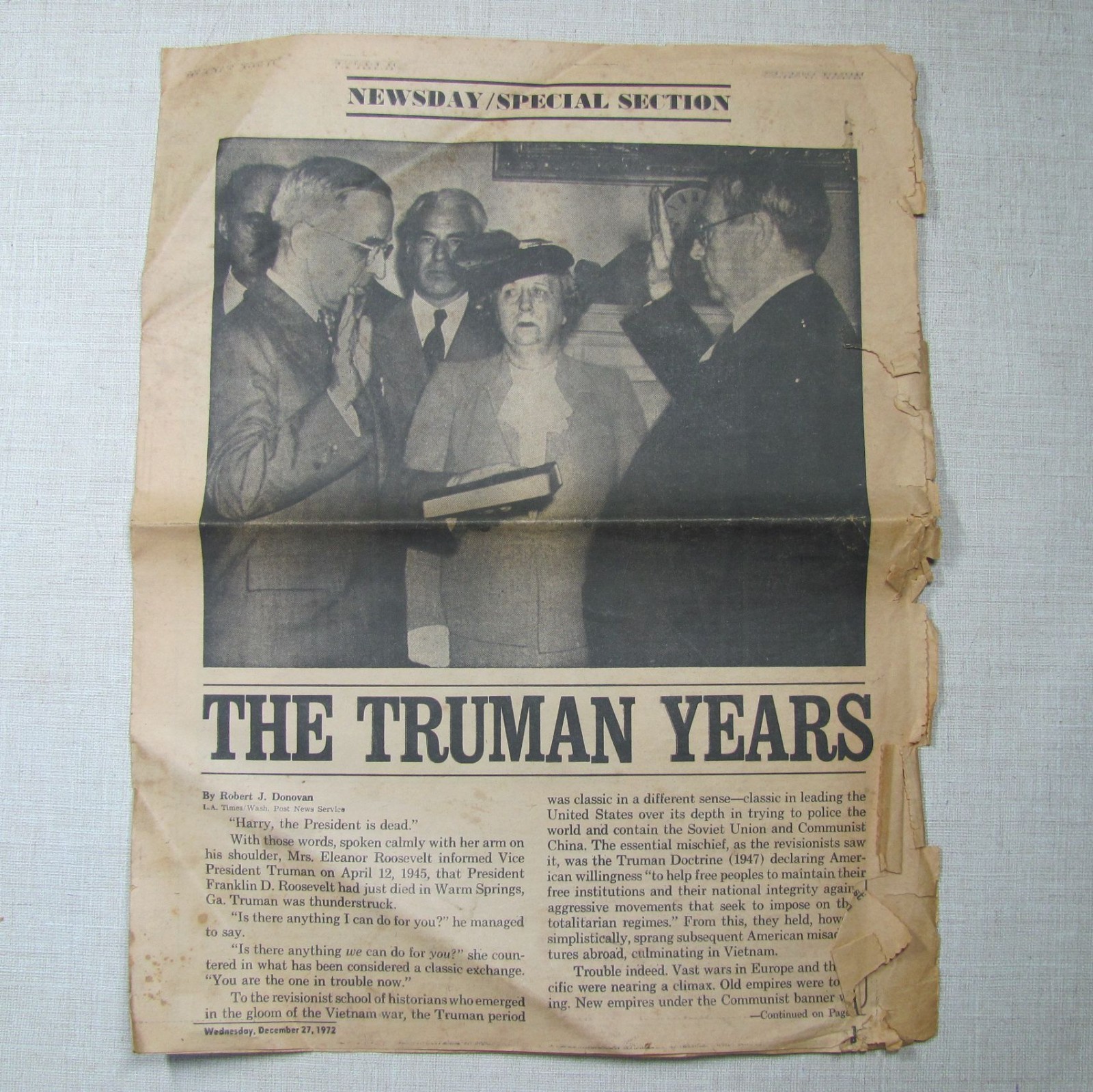 NEWSDAY SPECIAL SECTION “THE TRUMAN YEARS” DECEMBER 27 1972 NEWSPAPER