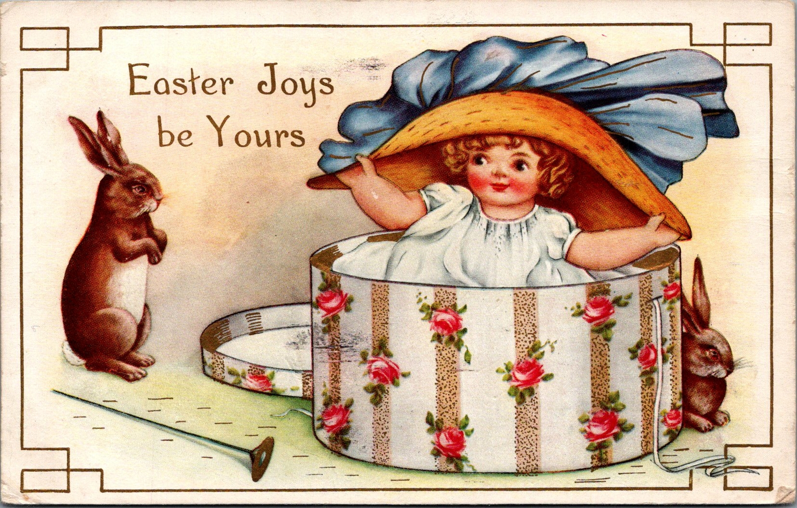 Postcard Easter Joys Be Yours Little Girl Coming Out of Hat Box Baby Rabbits 