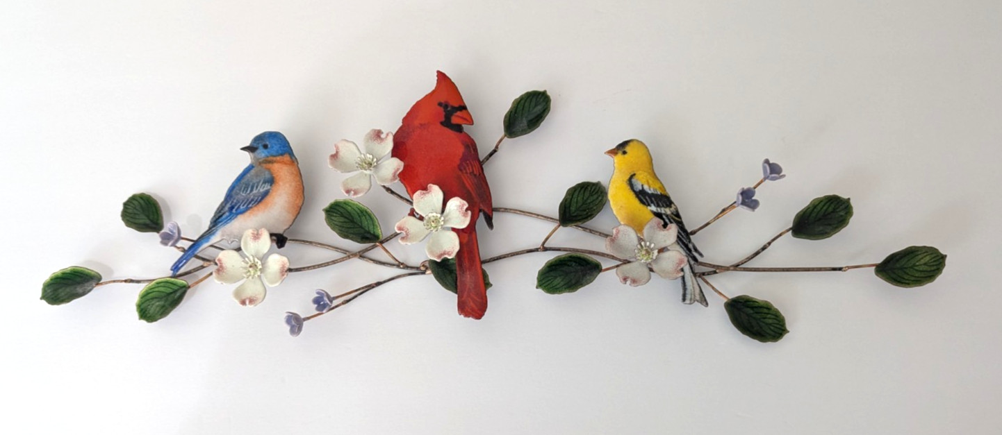 Bovano of Cheshire Enamel Bird Wall Sculpture Bluebird, Cardinal & Goldfinch 21
