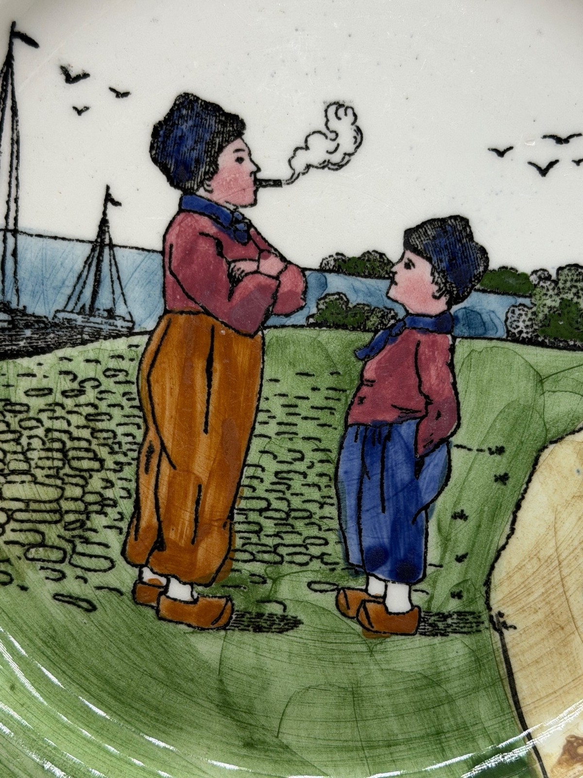 Antique Dutch Folk Art Plate Woman Smoking and Small Boy Clogs Canal 8.5 Inches