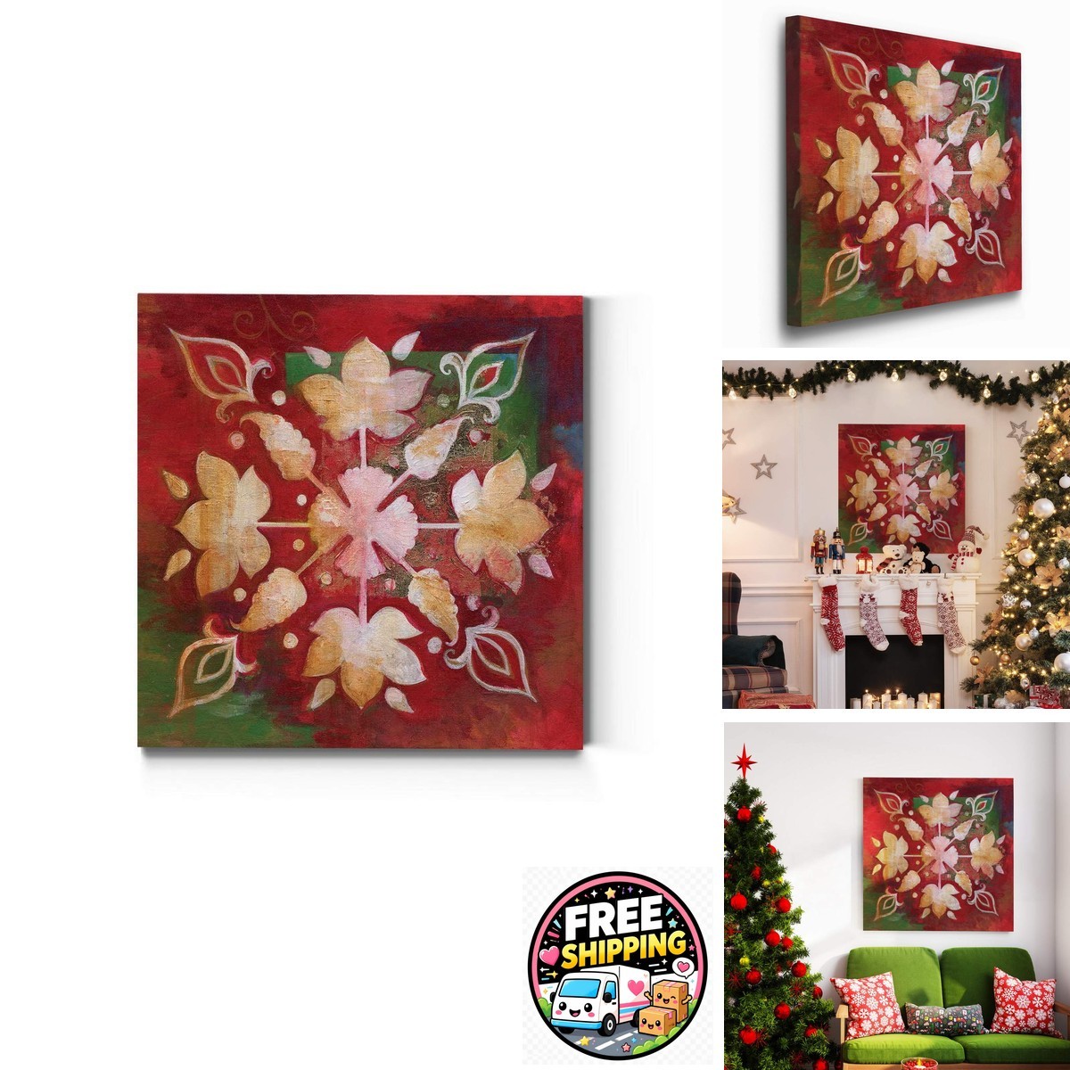 Renditions Gallery Snowflake II Canvas 32x32 in Red & Green