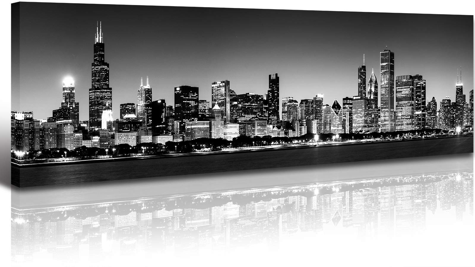 JiazuGo Chicago Skyline Canvas Wall Art, 14x48 inch Black White