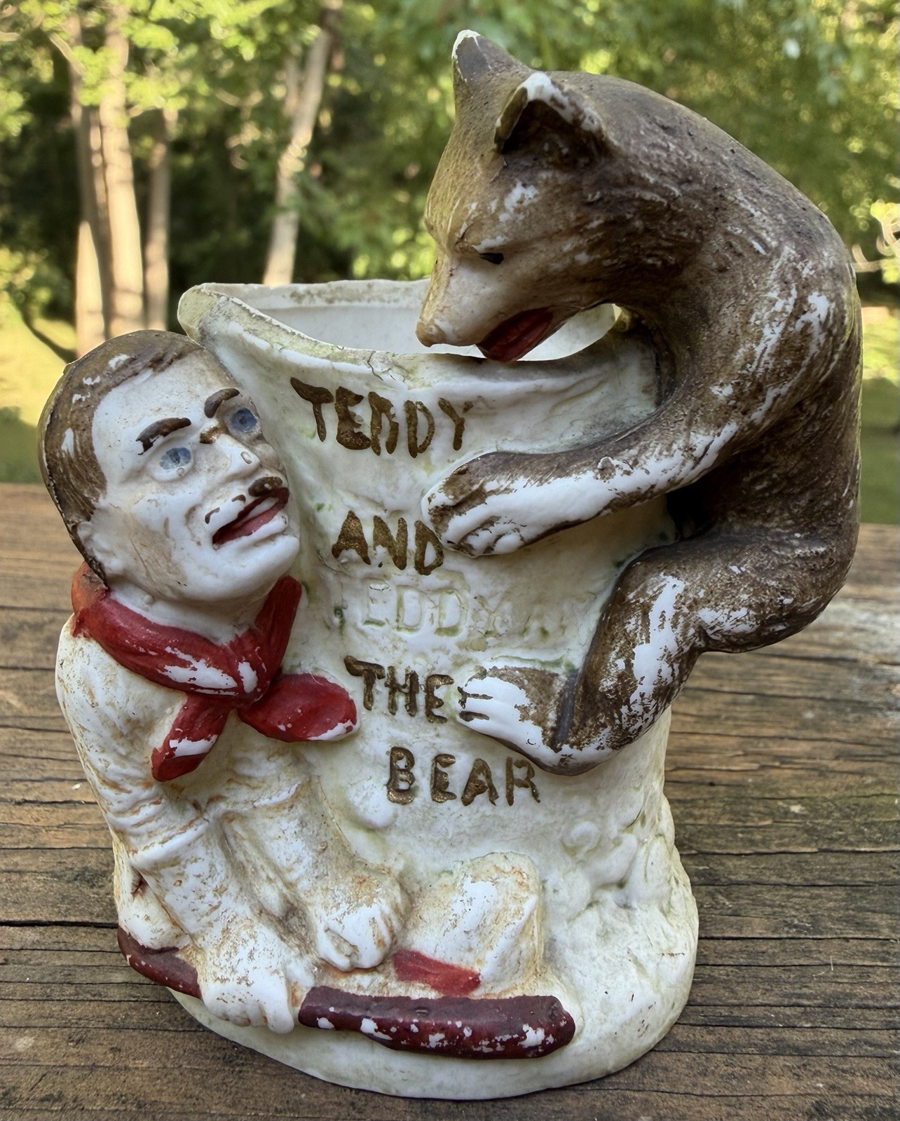 Antique Teddy & The Bear Theodore Roosevelt Toothpick Holder-bisque-1900's