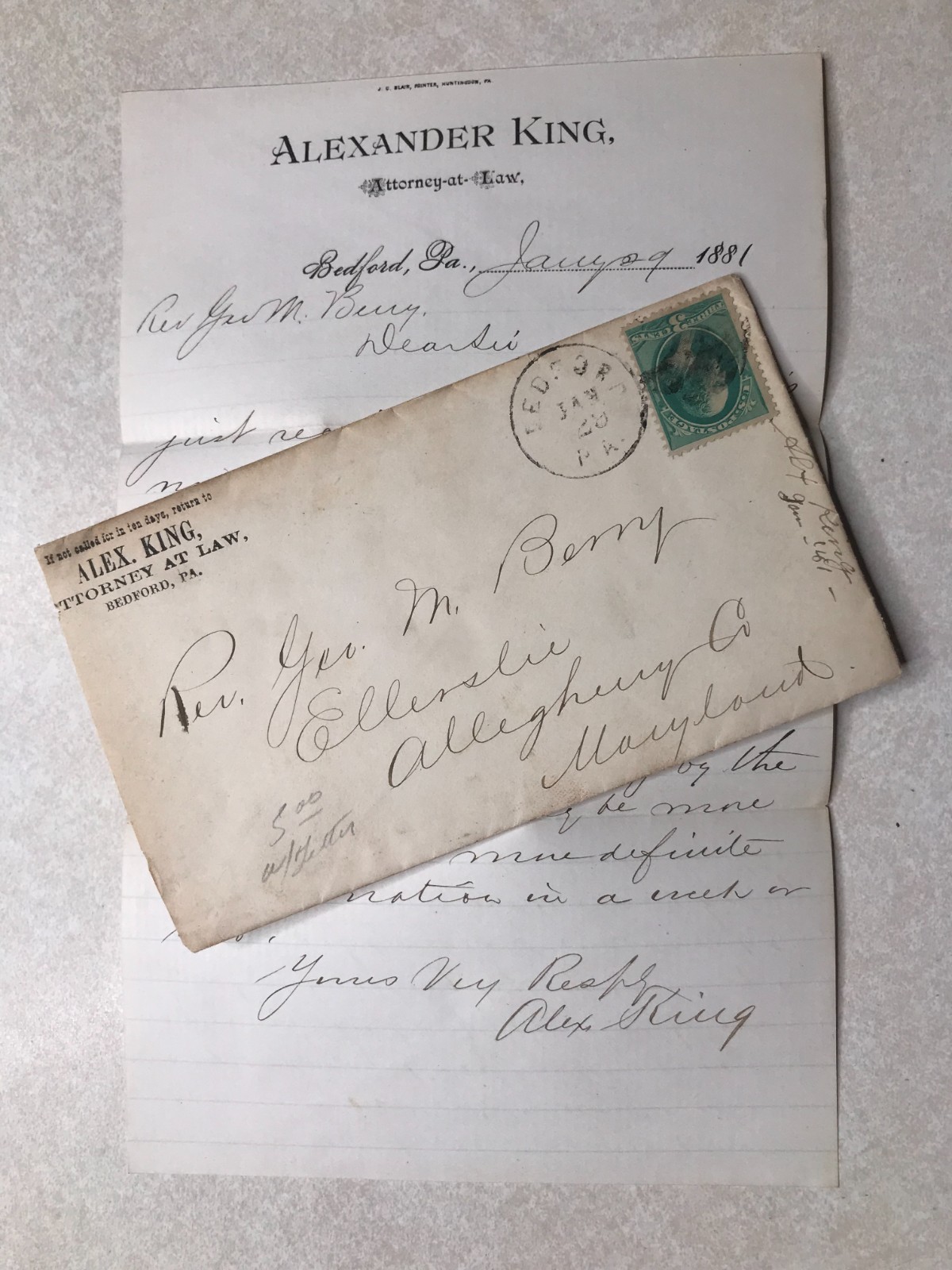 Alex King, Attorney, Bedford PA Insert Letter Envelope Postal Cover EN3699