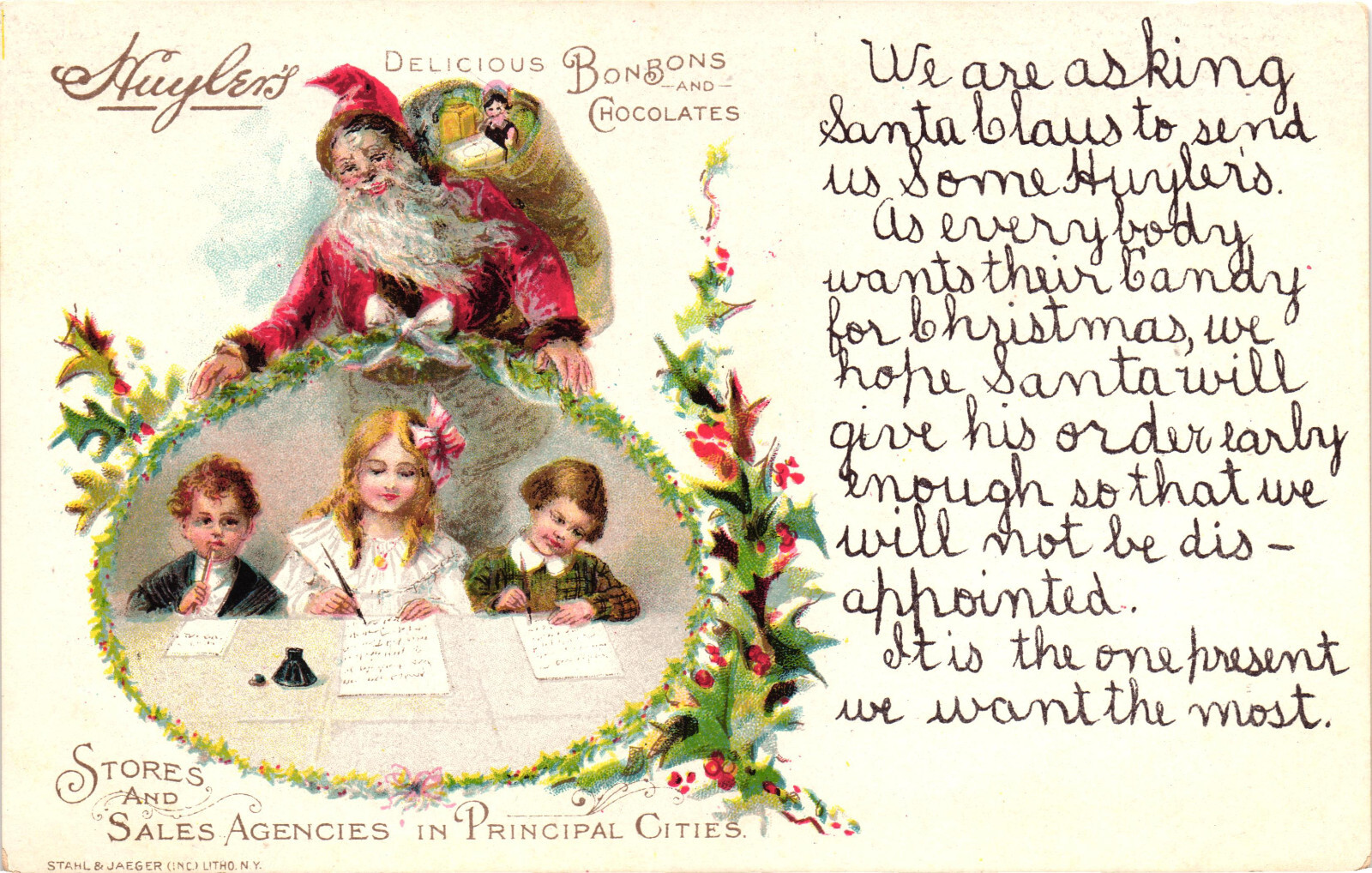 Huyler\'s BonBons and Chocolate Children Writing to Santa Postcard Unposted