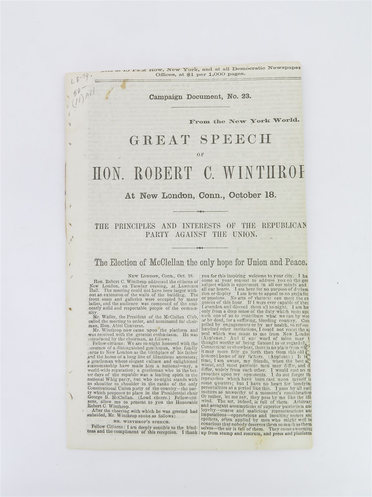 Original Great Speech of Honorable Robert C Winthrop New London Oct 18 1864