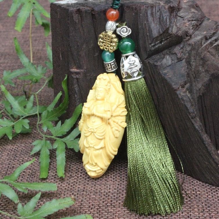 Thousand-Armed Kannon Netsuke with Strap, Wooden Carving, Elegant Accessory