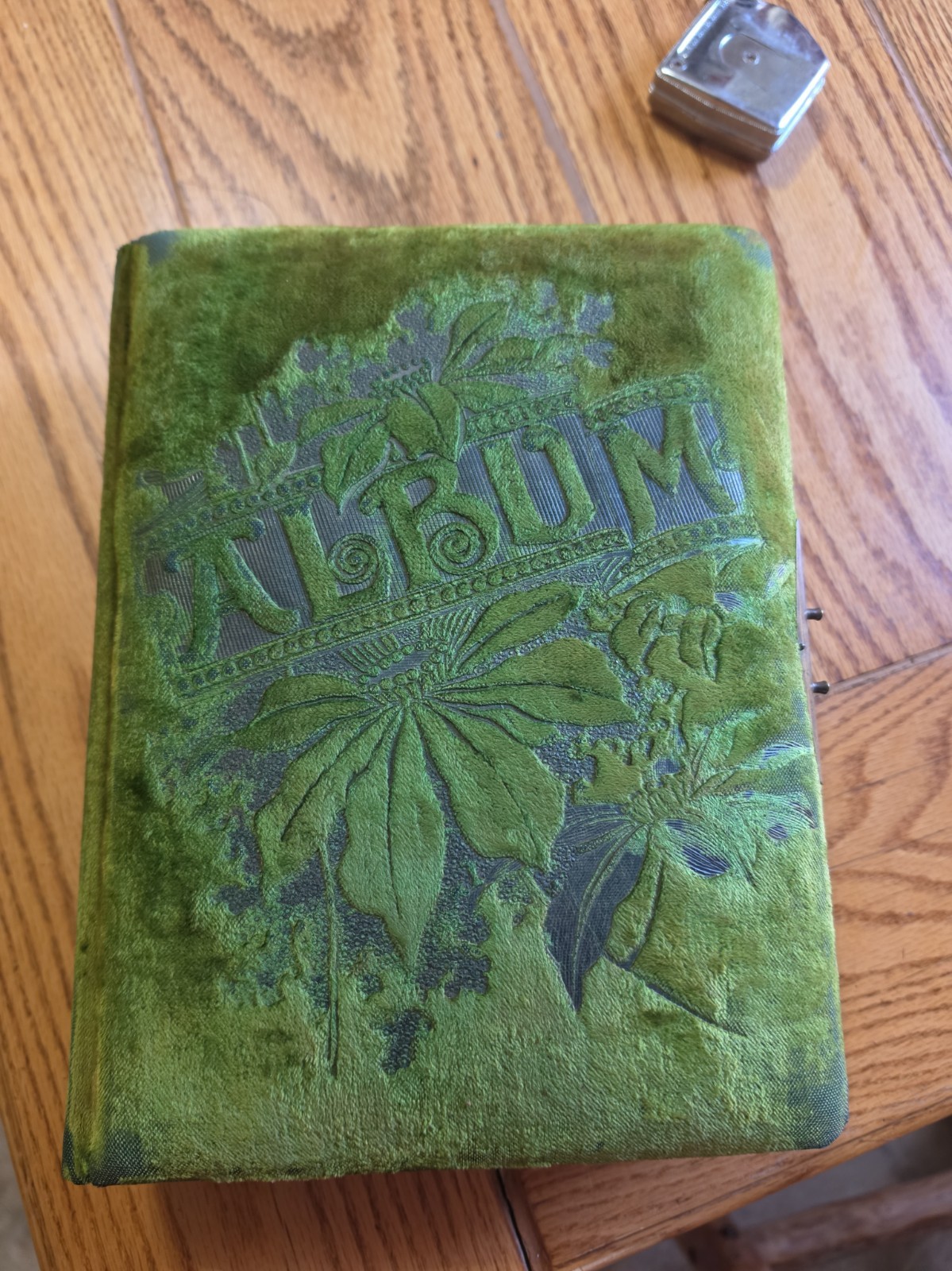 Antique Victorian Art Nouveau Embossed  Green Velvet Photo Album